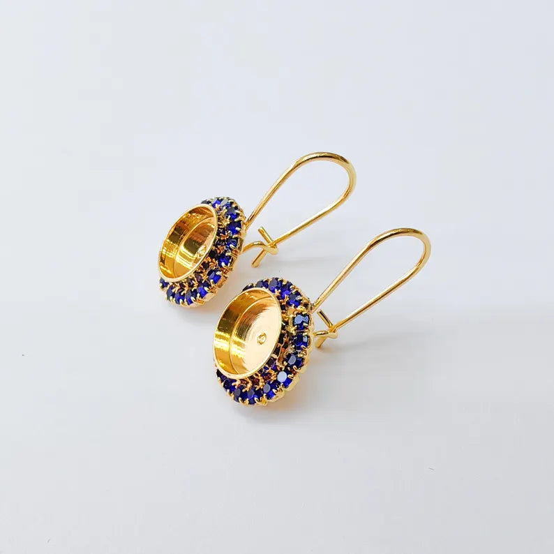 Navy Blue Crystal Hook Earrings with 10mm Bezel, 24k Gold Plated Drop Settings, DIY Jewelry Making, G37408