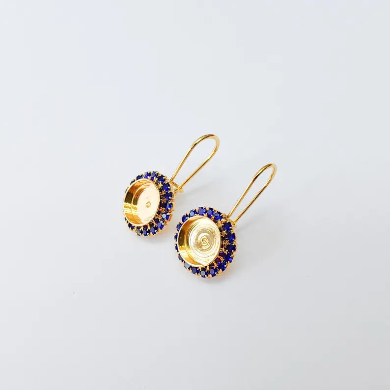 Navy Blue Crystal Hook Earrings with 10mm Bezel, 24k Gold Plated Drop Settings, DIY Jewelry Making, G37408