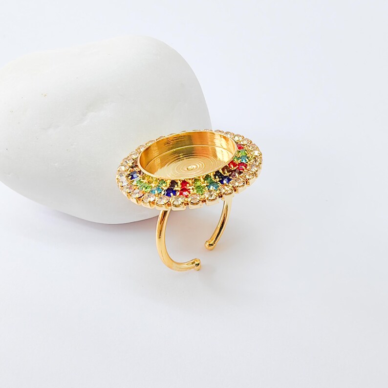 Colored Crystal Ring Bezel, Adjustable Ring Base, 16mm Round Bezel Setting, 24K Shiny Gold, G37410