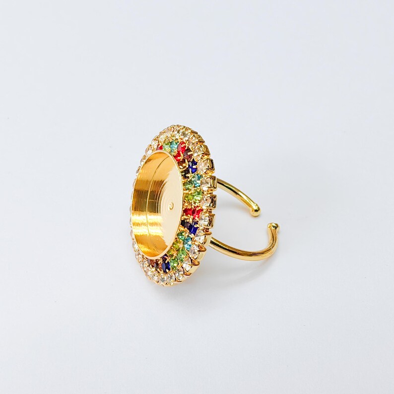 Colored Crystal Ring Bezel, Adjustable Ring Base, 16mm Round Bezel Setting, 24K Shiny Gold, G37410