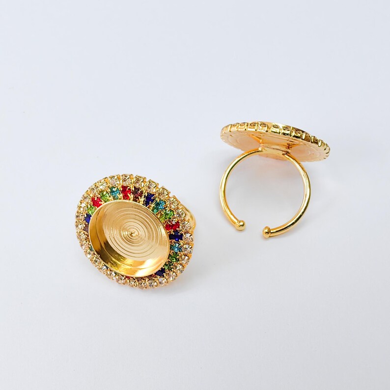 Colored Crystal Ring Bezel, Adjustable Ring Base, 16mm Round Bezel Setting, 24K Shiny Gold, G37410