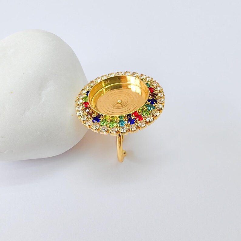 Colored Crystal Ring Bezel, Adjustable Ring Base, 16mm Round Bezel Setting, 24K Shiny Gold, G37410