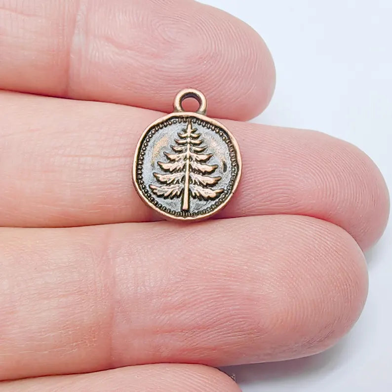 4 Pine Tree Charm, Double Sided Botanical, Organic Shape Plant Charm, Nature Earring, Floral Tag, Antique Copper Plated 16x12mm G37482