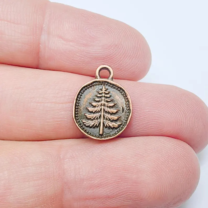 4 Pine Tree Charm, Double Sided Botanical, Organic Shape Plant Charm, Nature Earring, Floral Tag, Antique Copper Plated 16x12mm G37482