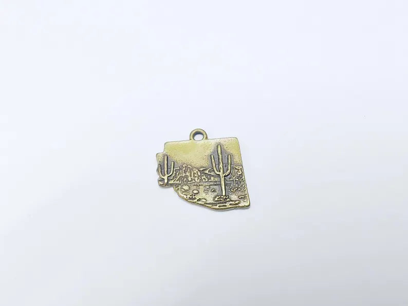 Desert Landscape Pendant, Boho Western Cactus Charm, Southwestern Jewelry, Mountain Nature Earring, Antique Bronze Plated 25x24mm G37483