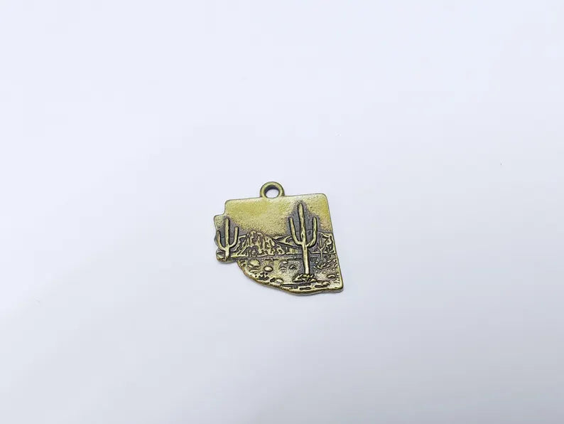 Desert Landscape Pendant, Boho Western Cactus Charm, Southwestern Jewelry, Mountain Nature Earring, Antique Bronze Plated 25x24mm G37483
