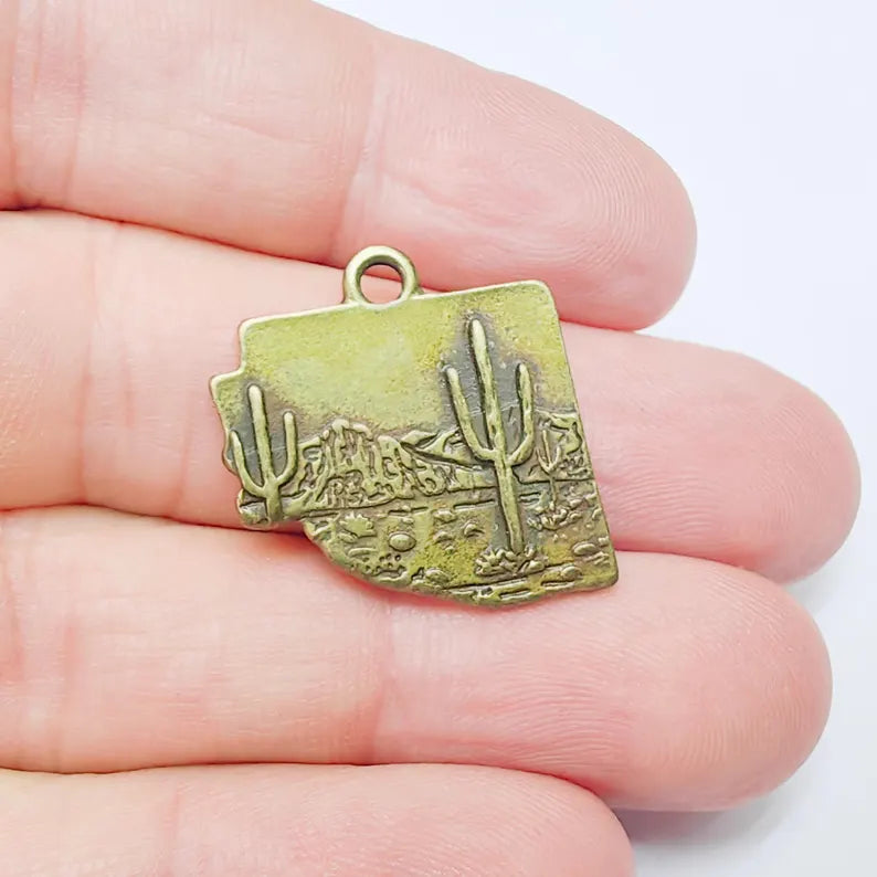 Desert Landscape Pendant, Boho Western Cactus Charm, Southwestern Jewelry, Mountain Nature Earring, Antique Bronze Plated 25x24mm G37483