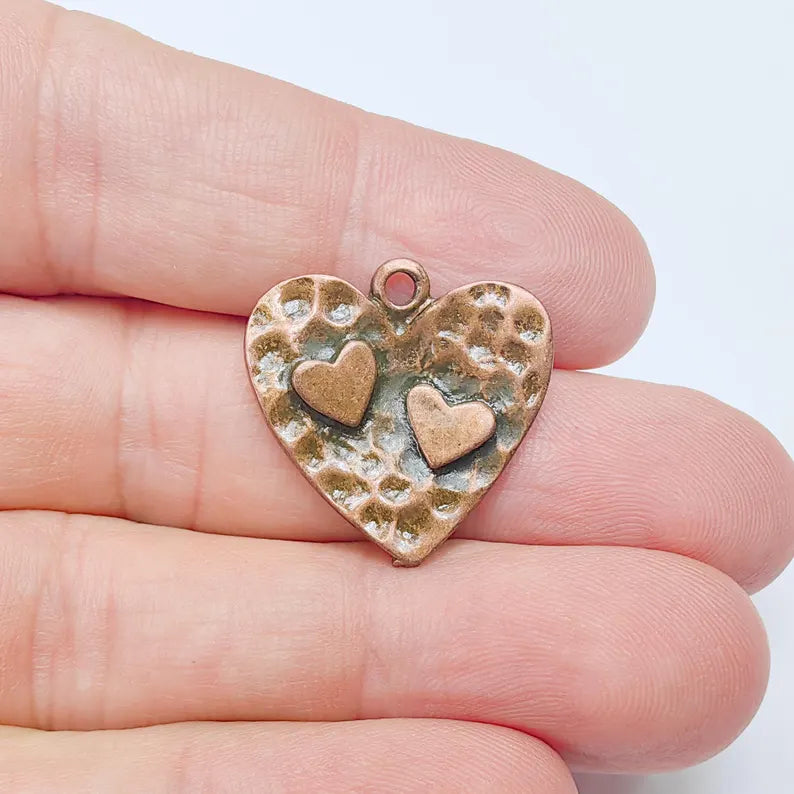 Hammered Heart Charm, Double Heart Pendant, Boho Jewelry Making Supplies, Antique Copper Plated, 23mm G37484