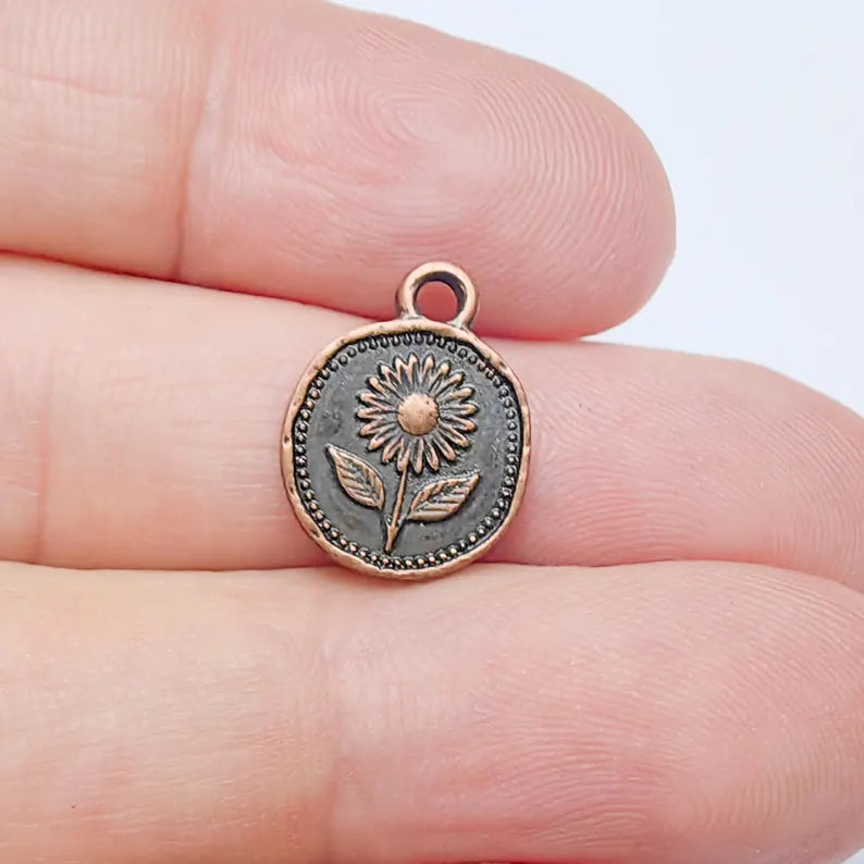 4 Sunflower Charm Pendant, Double Sided Flower Jewelry Making Supplies, Antique Copper Plated, 16x12mm G37485