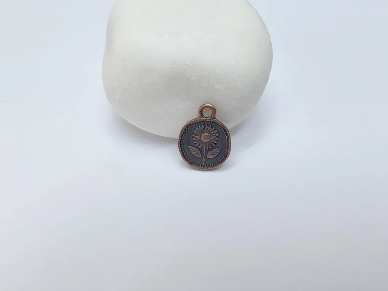 4 Sunflower Charm Pendant, Double Sided Flower Jewelry Making Supplies, Antique Copper Plated, 16x12mm G37485