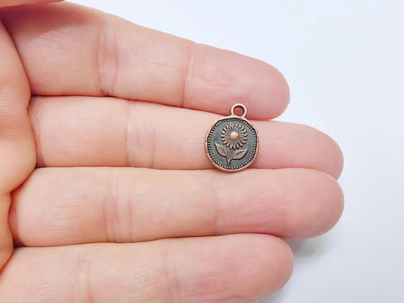 4 Sunflower Charm Pendant, Double Sided Flower Jewelry Making Supplies, Antique Copper Plated, 16x12mm G37485