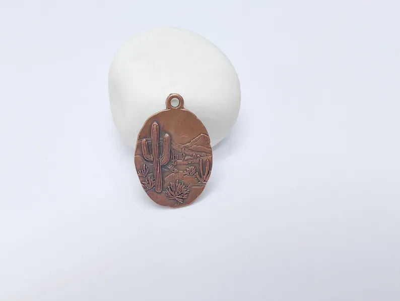 Desert Landscape Pendant, Boho Western Cactus Charm, Southwestern Jewelry, Mountain Nature Earring, Antique Copper Plated 36x24mm G37486