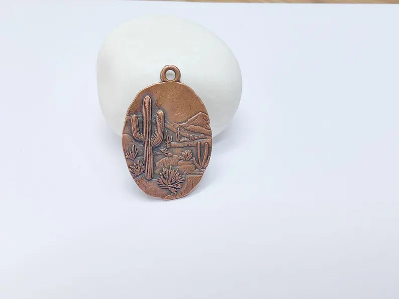 Desert Landscape Pendant, Boho Western Cactus Charm, Southwestern Jewelry, Mountain Nature Earring, Antique Copper Plated 36x24mm G37486