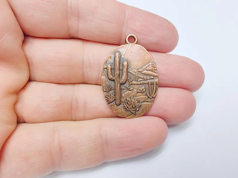 Desert Landscape Pendant, Boho Western Cactus Charm, Southwestern Jewelry, Mountain Nature Earring, Antique Copper Plated 36x24mm G37486