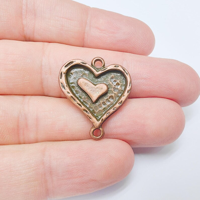 Double Heart Connector Charm, Heart Pendant, Romantic Boho Jewelry, DIY Bracelet Craft, Love Symbol, Antique Copper Plated 27x24mm G37487
