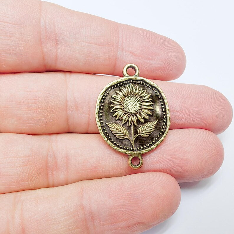 Sunflower Connector Charm, Floral Pendant, Boho Jewelry Making Supplies, Antique Bronze Plated, 31x22mm G37489