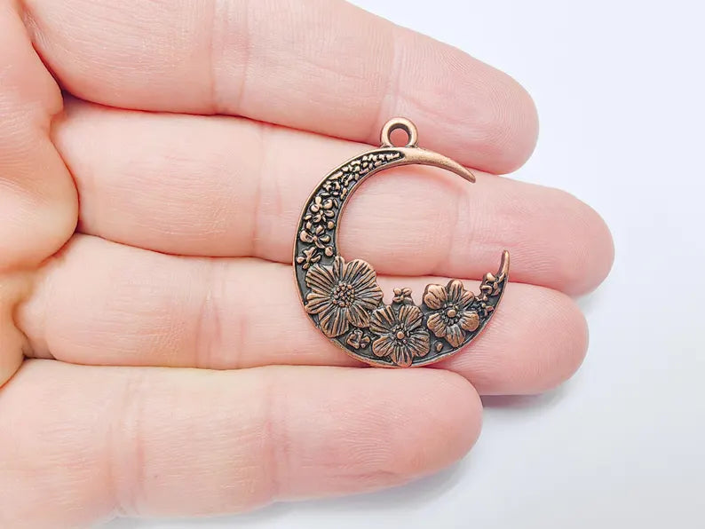 Crescent Moon Charm, Flower Celestial Pendant, Antique Copper Plated, Jewelry Making Supplies 33x28mm G37491
