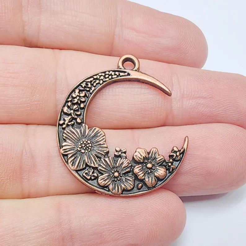 Crescent Moon Charm, Flower Celestial Pendant, Antique Copper Plated, Jewelry Making Supplies 33x28mm G37491