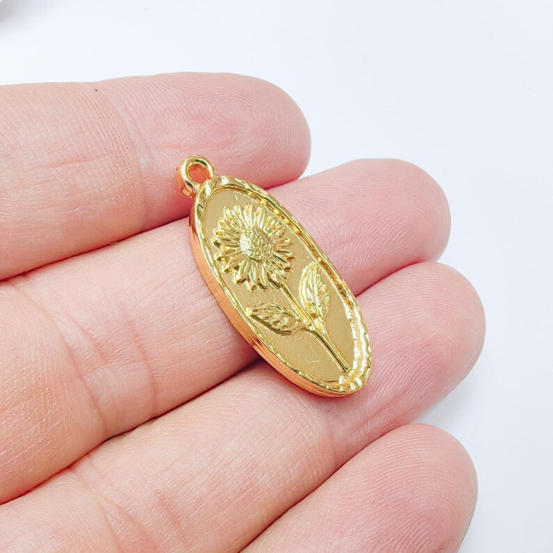Sunflower Pendant Charm, 24k Shiny Gold Plated Zamac, Nickel Free Lead Free, 30x13mm Jewelry Making Supplies, G37494
