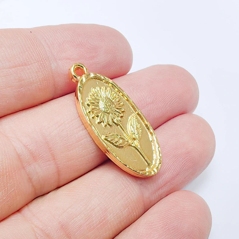 Sunflower Pendant Charm, 24k Shiny Gold Plated Zamac, Nickel Free Lead Free, 30x13mm Jewelry Making Supplies, G37494