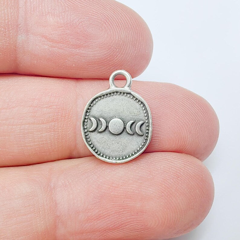 4 Moon Phases Pendant Charm, 16x13mm Double Sided Antique Silver Plated Zamac, Nickel Free Lead Free, Jewelry Making Supplies, G37496
