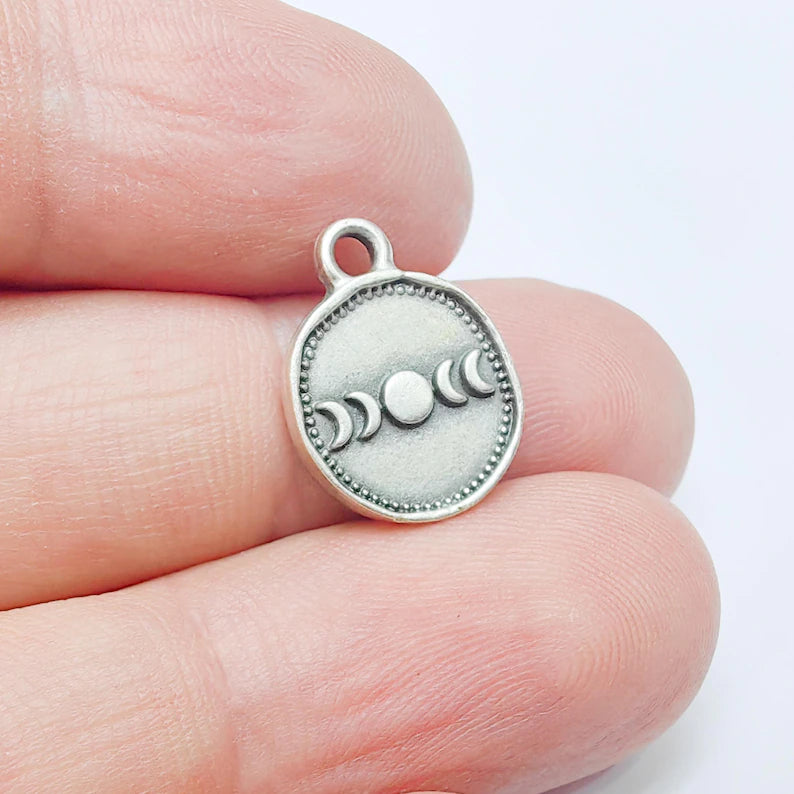 4 Moon Phases Pendant Charm, 16x13mm Double Sided Antique Silver Plated Zamac, Nickel Free Lead Free, Jewelry Making Supplies, G37496
