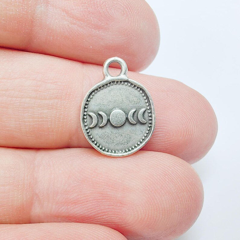 4 Moon Phases Pendant Charm, 16x13mm Double Sided Antique Silver Plated Zamac, Nickel Free Lead Free, Jewelry Making Supplies, G37496