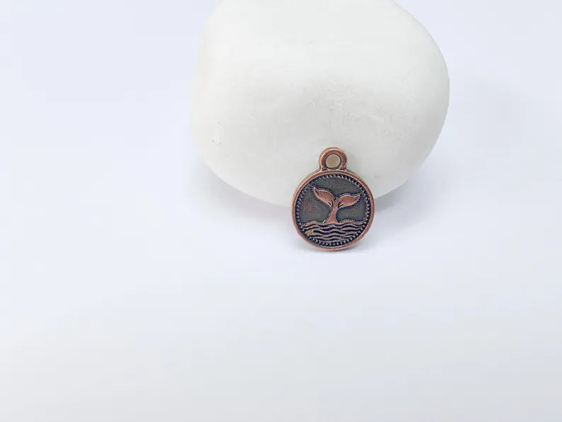 Whale Tail Charm, Double Sided Pendant, Nautical Jewelry Making Supplies, Antique Copper Plated, 16x13mm G37500
