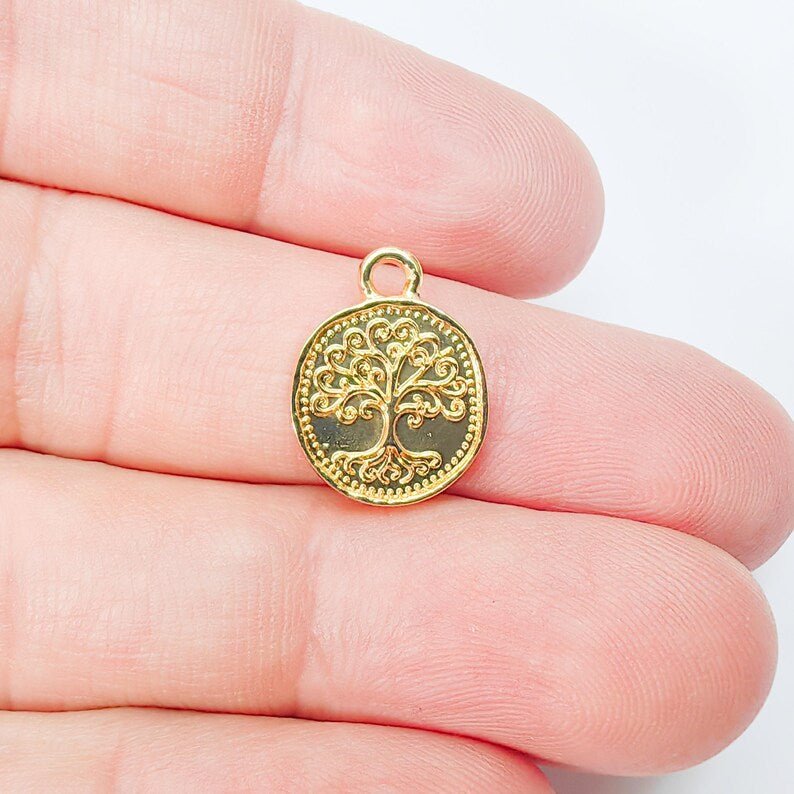 Tree of Life Pendant Charm, 16x13mm Double Sided 24k Shiny Gold Plated Zamac, Nickel Free Lead Free, Jewelry Making Supplies, G37501