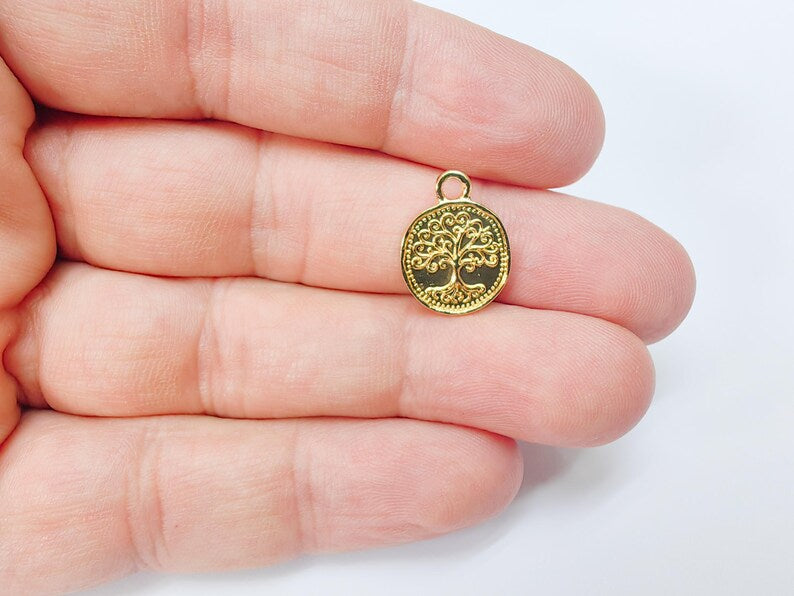 Tree of Life Pendant Charm, 16x13mm Double Sided 24k Shiny Gold Plated Zamac, Nickel Free Lead Free, Jewelry Making Supplies, G37501