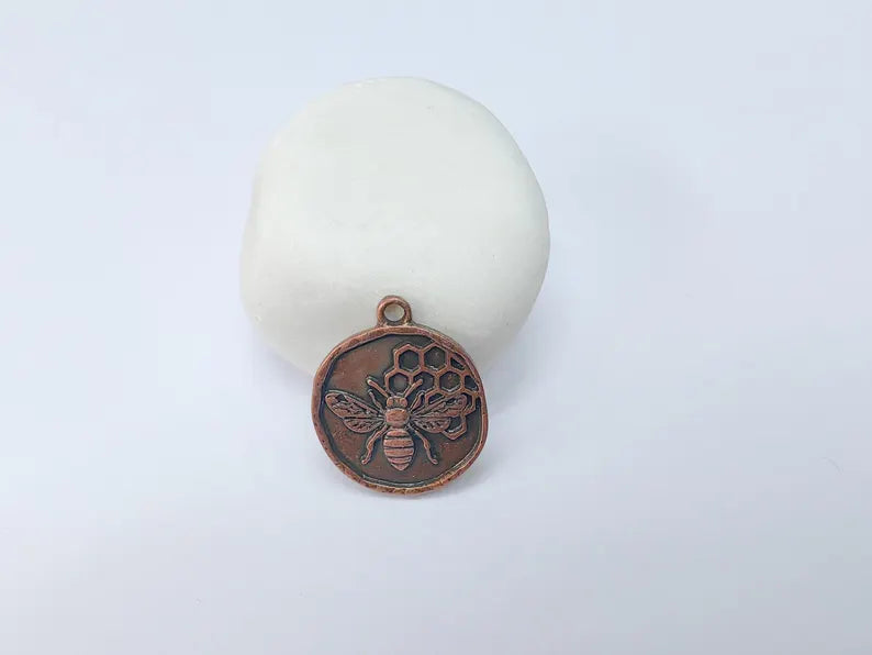 Bee and Honeycomb Pendant Charm, Nature Jewelry Making Supplies, 28x24mm Antique Copper Plated Zamac G37502