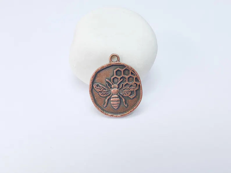 Bee and Honeycomb Pendant Charm, Nature Jewelry Making Supplies, 28x24mm Antique Copper Plated Zamac G37502
