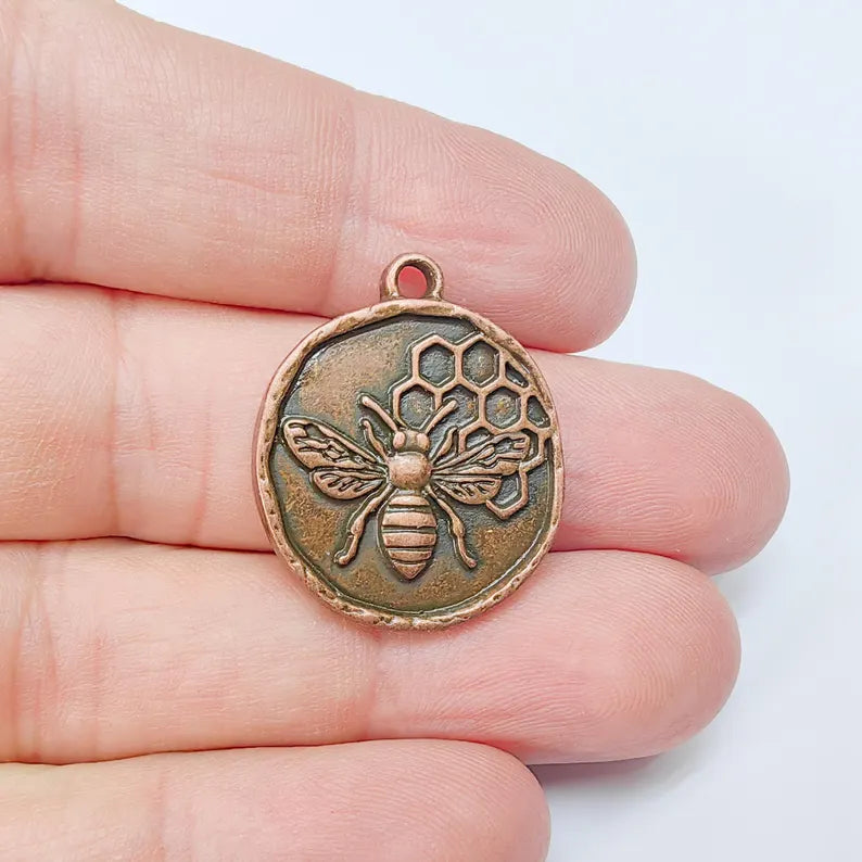 Bee and Honeycomb Pendant Charm, Nature Jewelry Making Supplies, 28x24mm Antique Copper Plated Zamac G37502