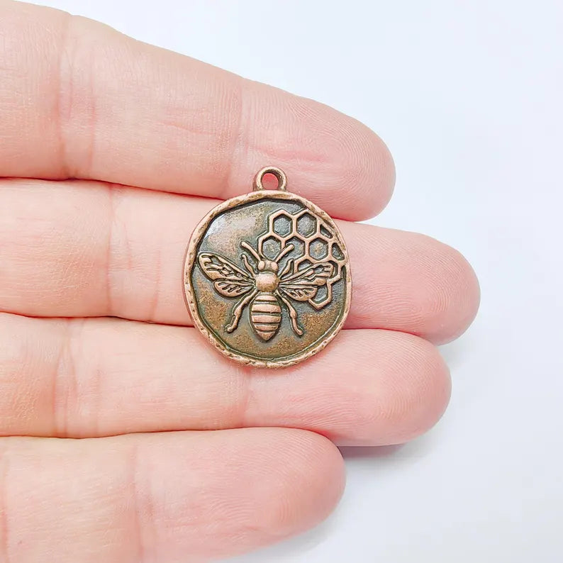Bee and Honeycomb Pendant Charm, Nature Jewelry Making Supplies, 28x24mm Antique Copper Plated Zamac G37502