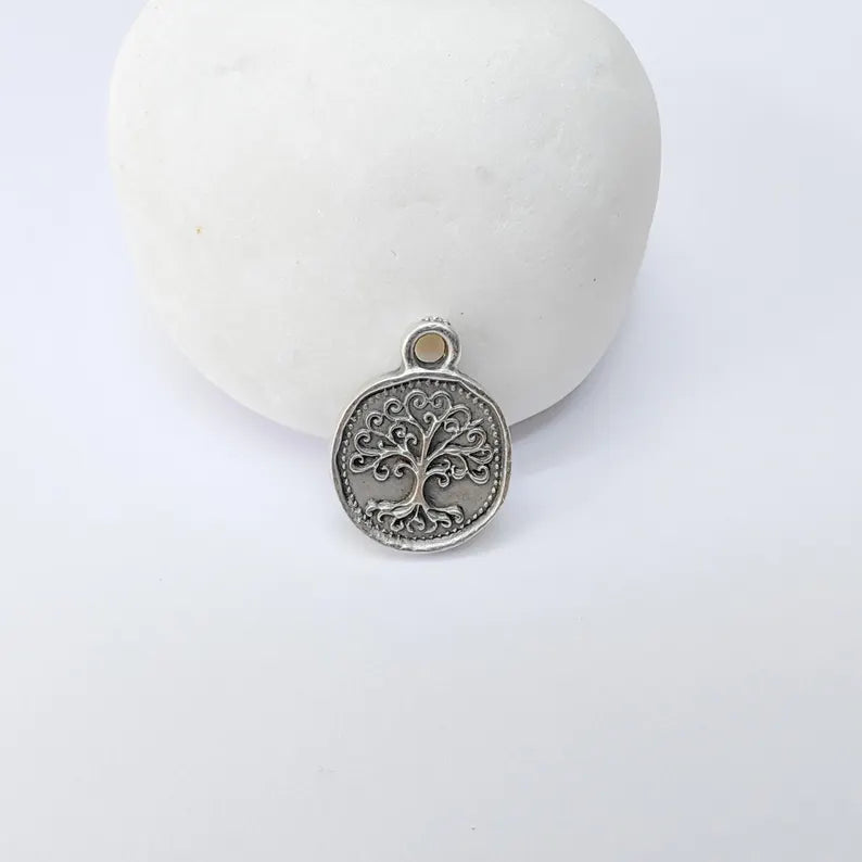 4 Tree of Life Charm Pendant,4 Round Double Sided Jewelry Making Supply, Antique Silver Plated Zamac, 16x13mm, G37414