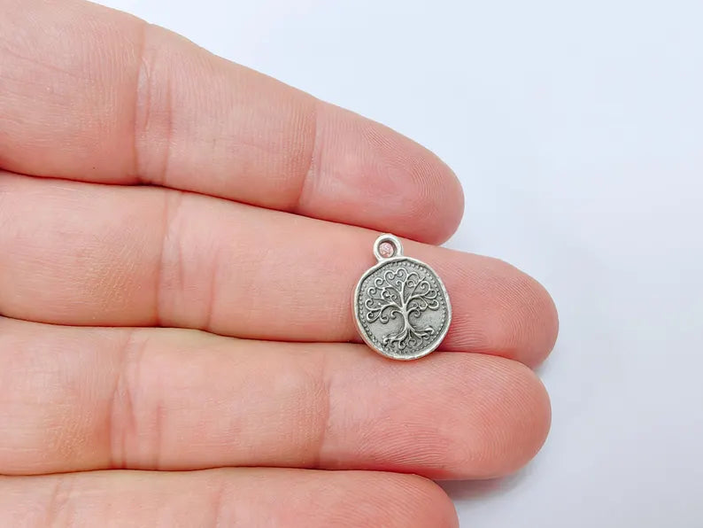 4 Tree of Life Charm Pendant,4 Round Double Sided Jewelry Making Supply, Antique Silver Plated Zamac, 16x13mm, G37414