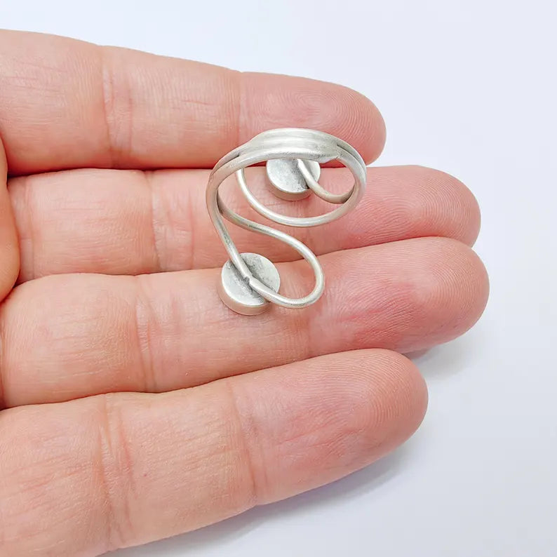 Adjustable Swirl Ring Base with 8mm Round Bezels, Antique Silver Plated Brass, Nickel Free Lead Free, Jewelry Making Supplies, G37505