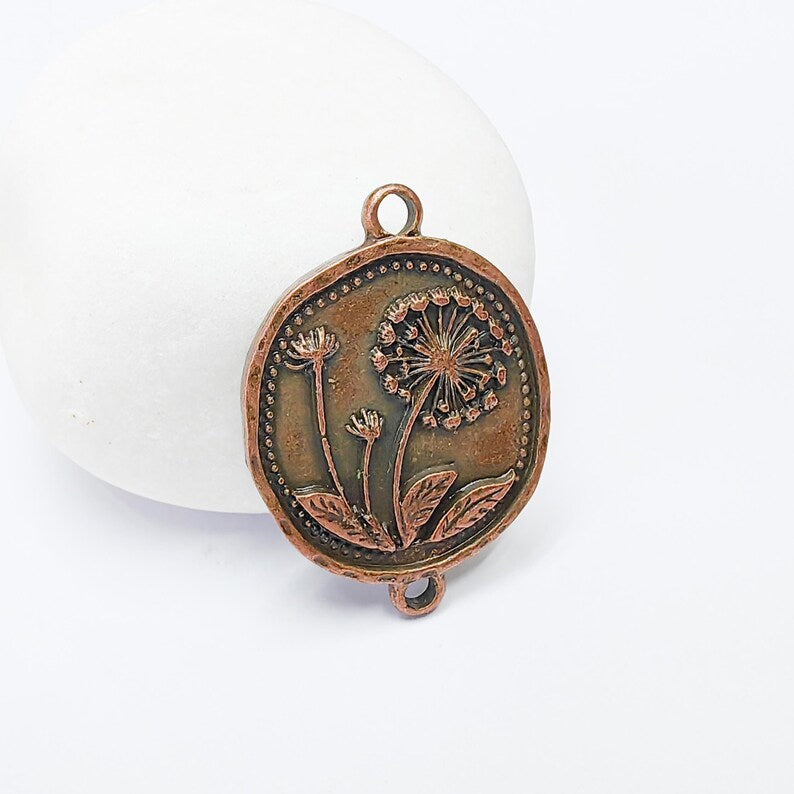 Dandelion Charms Connector Double Hole, Flower Pendant, Boho Charms, Earring Charms, Necklace Parts, Antique Copper Plated 33x24mm G37511