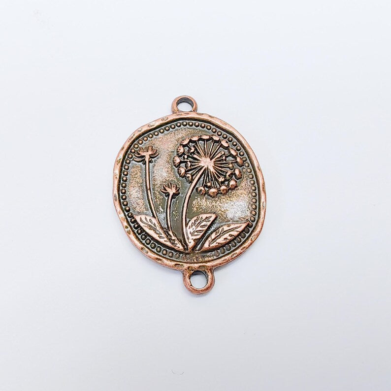 Dandelion Charms Connector Double Hole, Flower Pendant, Boho Charms, Earring Charms, Necklace Parts, Antique Copper Plated 33x24mm G37511