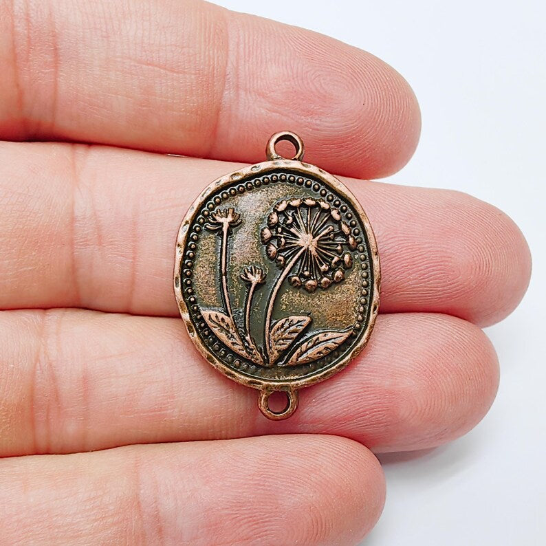 Dandelion Charms Connector Double Hole, Flower Pendant, Boho Charms, Earring Charms, Necklace Parts, Antique Copper Plated 33x24mm G37511