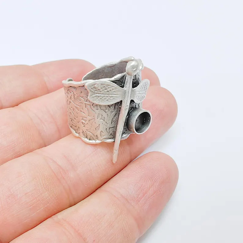 Dragonfly Adjustable Ring Base, 6mm Bezel Setting for Cabochons and Resin, Antique Silver Plated Brass Jewelry Ring, G37512