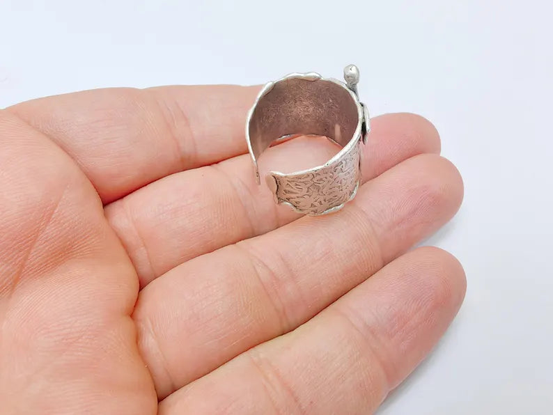 Dragonfly Adjustable Ring Base, 6mm Bezel Setting for Cabochons and Resin, Antique Silver Plated Brass Jewelry Ring, G37512