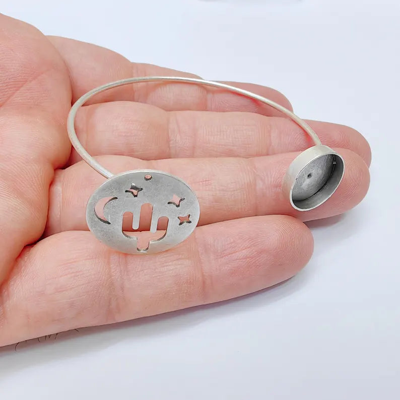 Cactus Moon Adjustable Bracelet, 14mm Bezel Setting Cuff Bangle, Antique Silver Plated Brass Jewelry Base for Cabochons, G37513