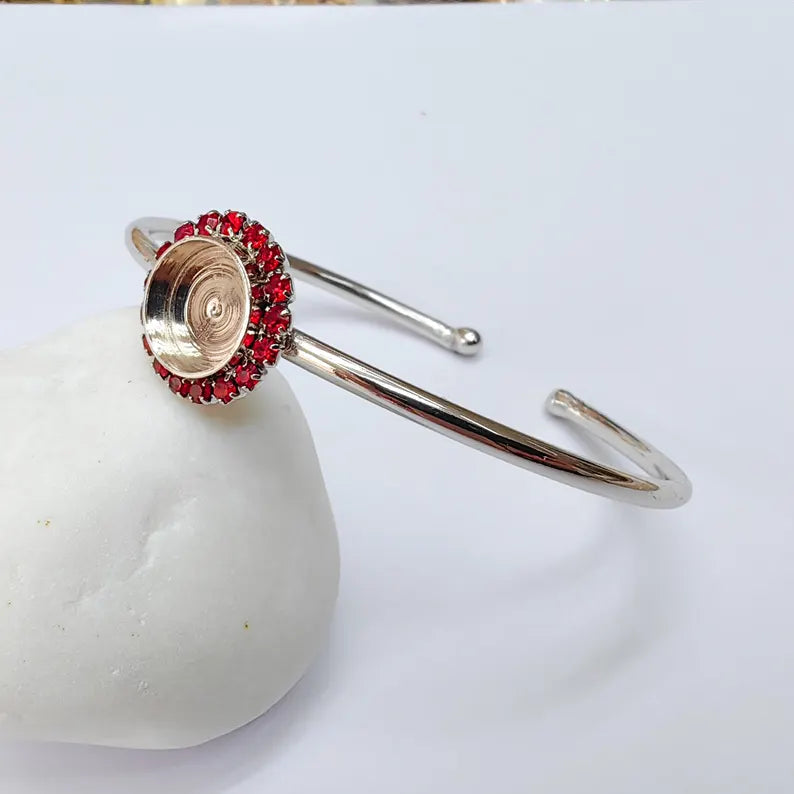 Red Crystal Bangle Bracelet, Shiny Silver Adjustable Cuff, 10mm Bezel Jewelry Making Supplies, G37415