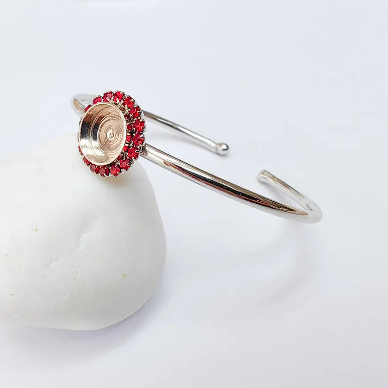 Red Crystal Bangle Bracelet, Shiny Silver Adjustable Cuff, 10mm Bezel Jewelry Making Supplies, G37415