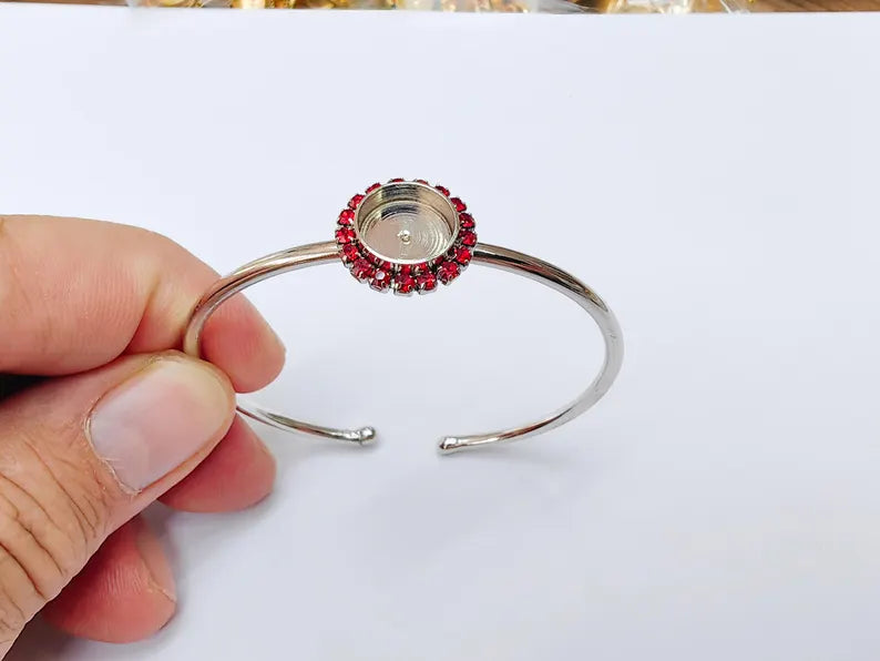 Red Crystal Bangle Bracelet, Shiny Silver Adjustable Cuff, 10mm Bezel Jewelry Making Supplies, G37415