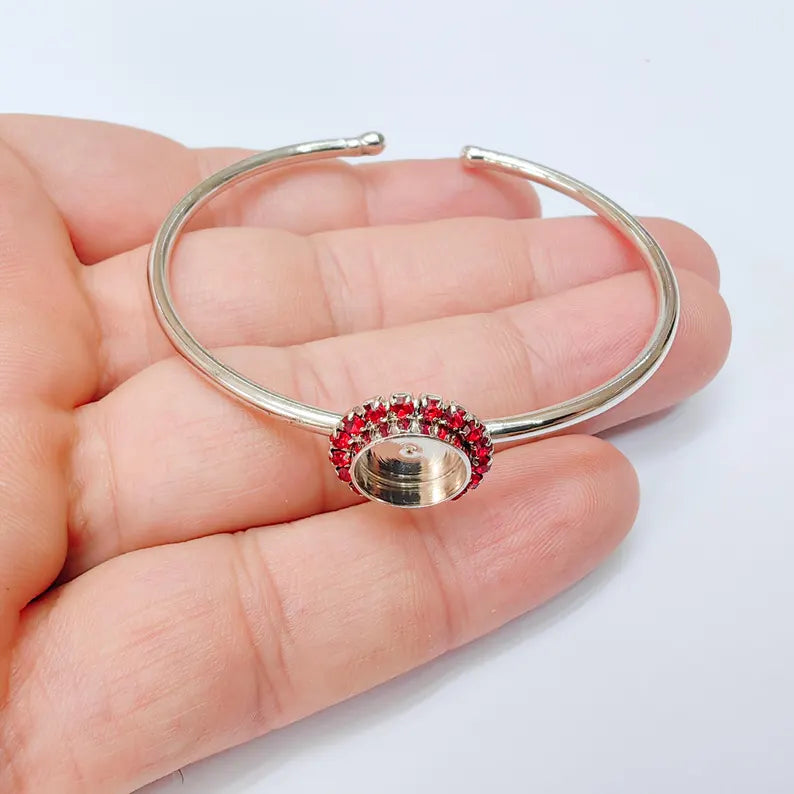 Red Crystal Bangle Bracelet, Shiny Silver Adjustable Cuff, 10mm Bezel Jewelry Making Supplies, G37415
