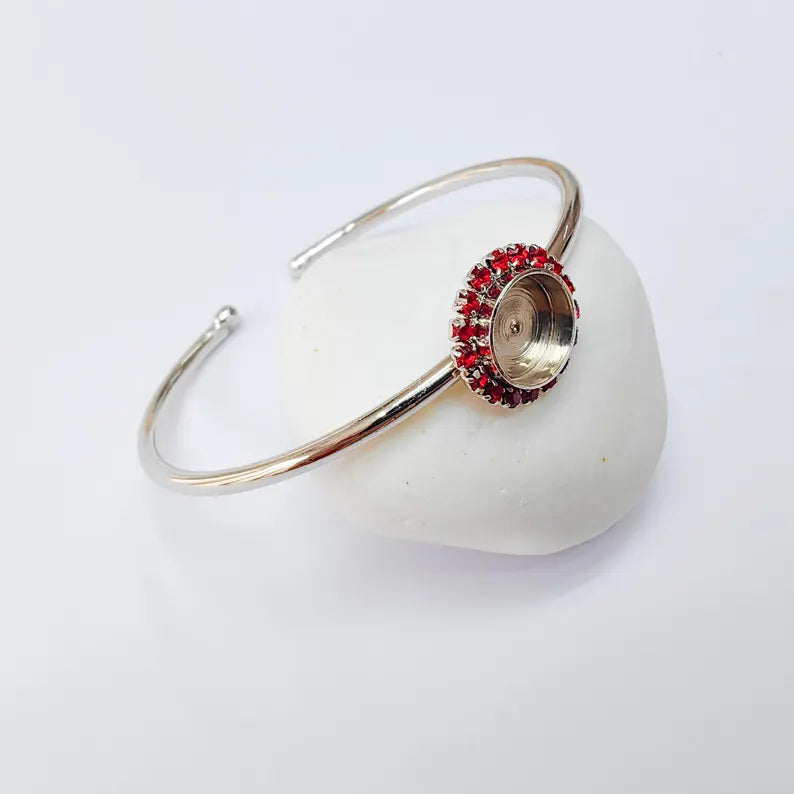 Red Crystal Bangle Bracelet, Shiny Silver Adjustable Cuff, 10mm Bezel Jewelry Making Supplies, G37415