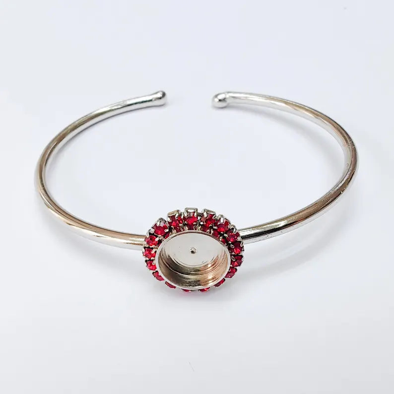 Red Crystal Bangle Bracelet, Shiny Silver Adjustable Cuff, 10mm Bezel Jewelry Making Supplies, G37415