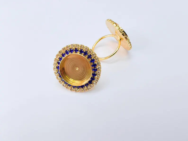 Navy Blue Crystal Ring Bezel, Adjustable Ring Base, 16mm Round Bezel Setting, 24K Shiny Gold, G37416